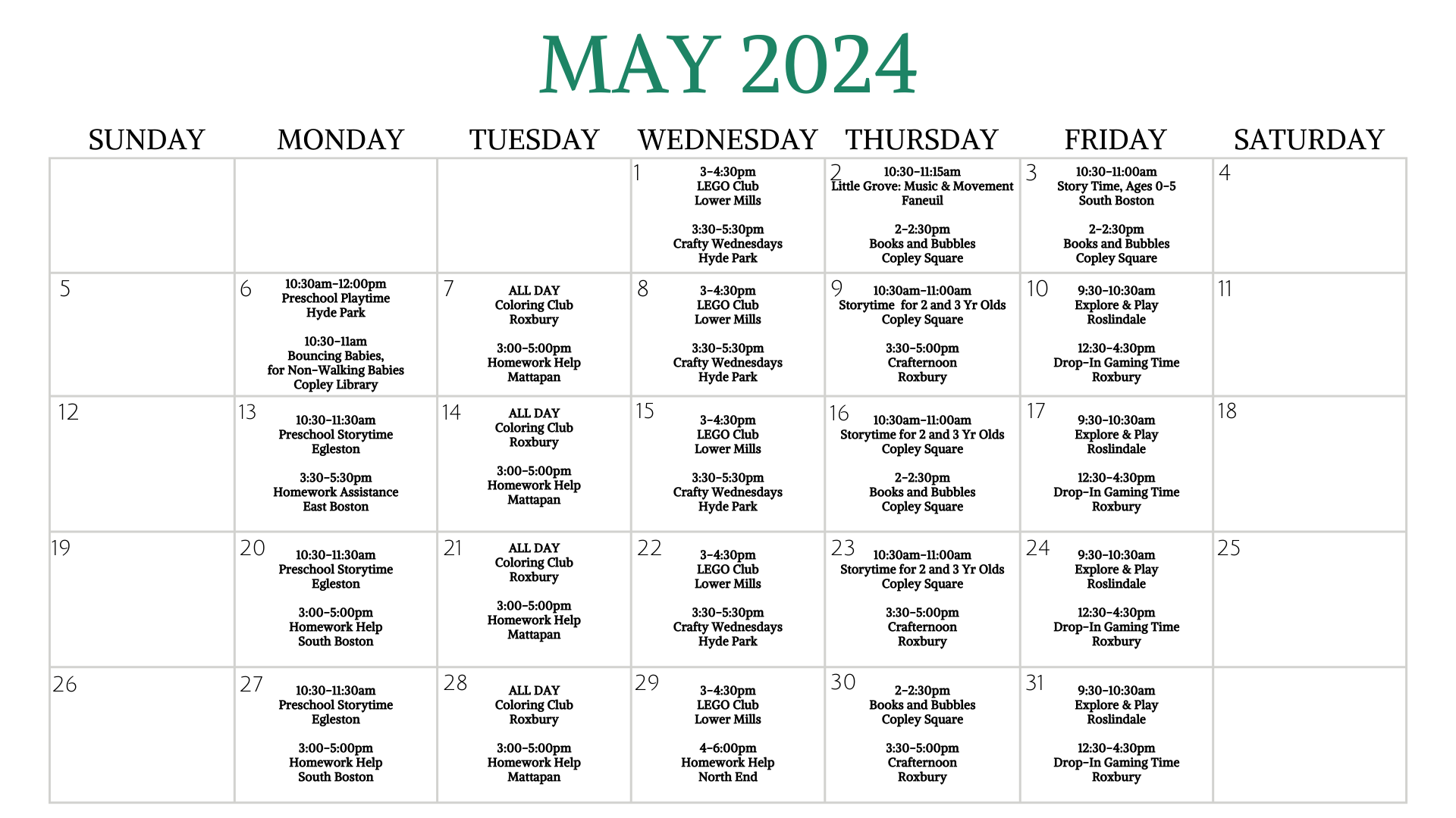 May 2024 calendar with BPL events