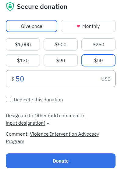 Screenshot of donation web form