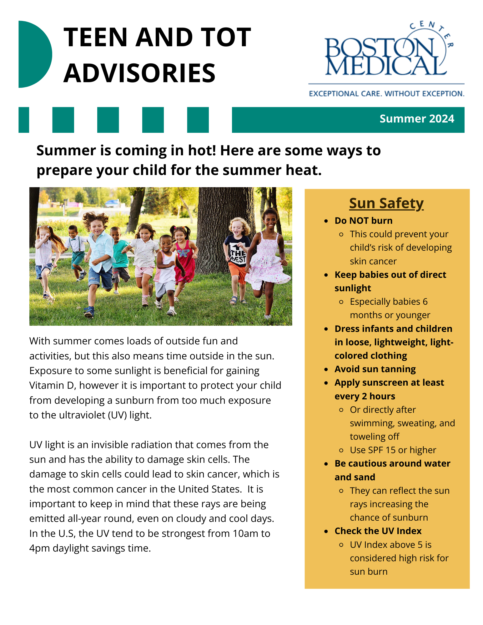 Teen and Tot Summer Newsletter page 1