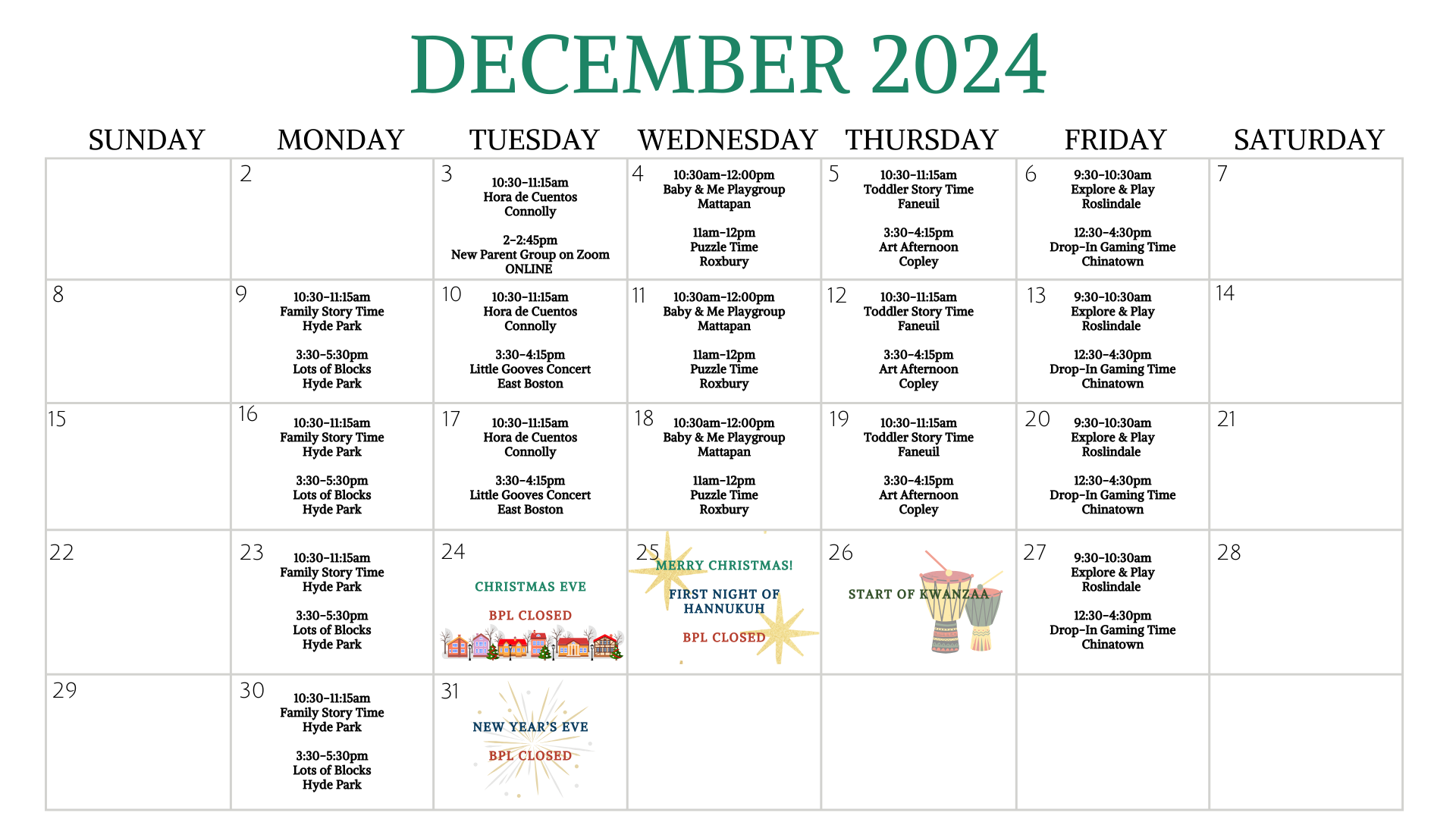 December 2024 calendar for BPL events