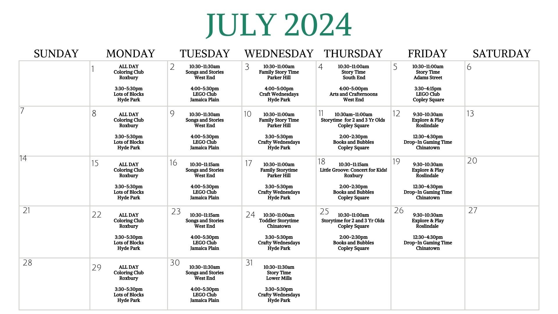 July 2024 Calendar with BPL events